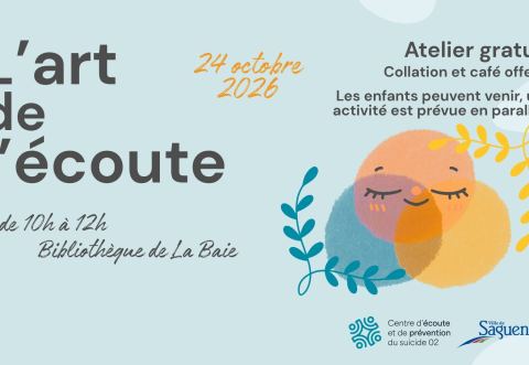 Poster: Atelier gratuit sur l’écoute pour tous et toutes, Bibliothèque de La Baie, Saturday, October 24
