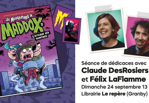 Affiche : Claude DesRosiers et Félix Laflamme à la librairie Le Repère (Granby), Librairie jeunesse le Repère, dimanche 24 septembre