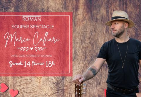 Poster: Souper Spectacle St-Valentin avec Marco Calliari // Berthierville // 14 février 2026 •18h