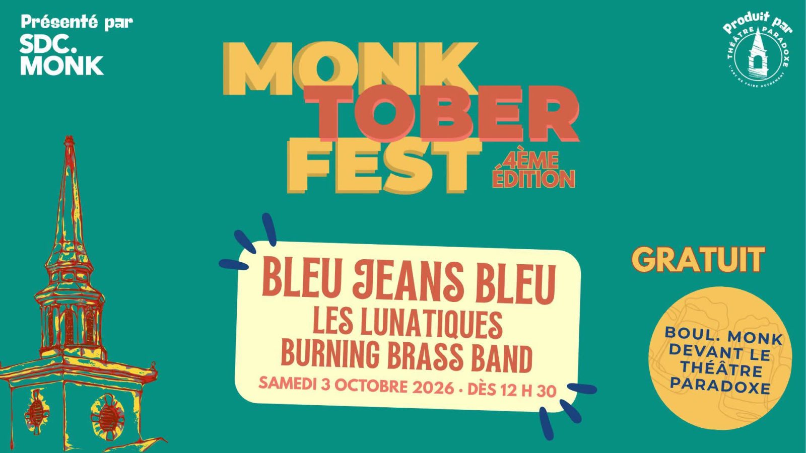 Affiche : Monktoberfest 2026 (4e édition) : Bleu Jeans Bleu, Les Lunatiques, Burning Brass Band
