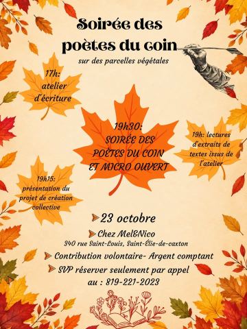 Poster: Soirée des poètes du coin, Chez Mel & Nico Autour d'un café, Friday, October 23
