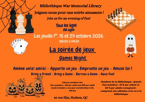 Poster: Bibliothèque War Memorial – La soirée de jeux, Bibliothèque War Memorial Library, Thursday, October 29