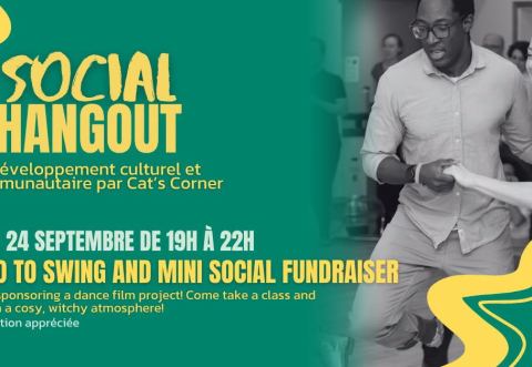 Poster: Social Hangout #46: Intro class and mini social dance fundraiser, Cat’s Corner, Thursday, September 24