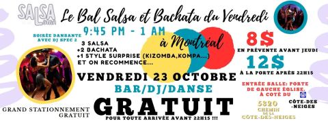 Poster: GRATUIT AVANT 22H15 ! SALSA BACHATA 🌴 Social Vendredi Montréal💃🕺 🎶 DJ 🎧 FREE PARKING