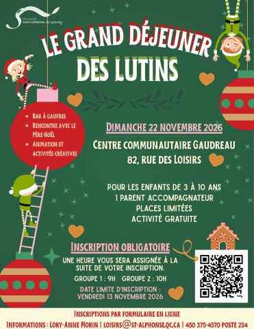 Affiche : Le grand déjeuner des Lutins, Centre communautaire Gaudreau, dimanche 22 novembre