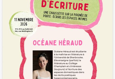 Poster: Atelier d’écriture avec Océane Héraud, Café 440, Wednesday, November 11