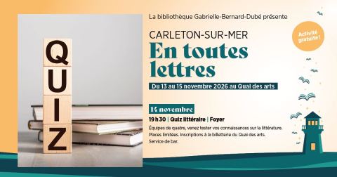 Poster: Quiz littéraire Liber, Au Quai Des Arts, Carleton-sur-Mer, Saturday, November 14