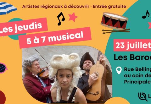 Poster: Les jeudis 5 à 7 musical 2026 : Les Barockers, Rue Bellingham, au coin de la rue Principale, Thursday, July 23