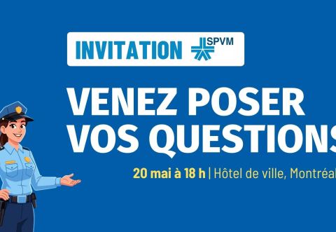 Poster: Vos questions au SPVM à Montréal-Est, Bibliothèque Micheline-Gagnon, Wednesday, May 20