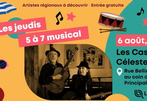 Poster: Les jeudis 5 à 7 musical 2026 : Les Castors Célestes, Rue Bellingham, au coin de la rue Principale, Thursday, August 6
