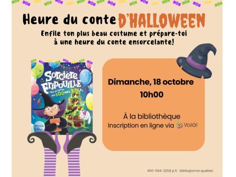Poster: Heure du conte d'Halloween, Bibliothèque Archambault-Trépanier, Sunday, October 18