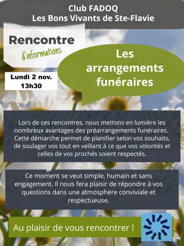 Poster: 🌿 RENCONTRE D’INFORMATION – LES ARRANGEMENTS FUNÉRAIRES 🌿