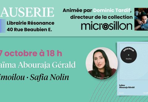 Poster: MICROSILLON - Causerie avec Laïma Abouraja Gérald, Librairie Résonance, Tuesday, October 27