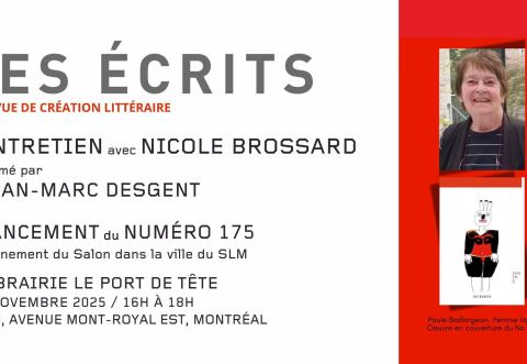 Poster: Lancement : Les Écrits, n° 175 : Regarder droit dedans, Librairie Le port de tête, Sunday, November 9