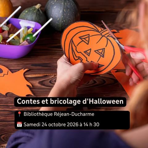 Poster: Contes et bricolage d'Halloween, Bibliothèque Réjean-Ducharme, Saturday, October 24