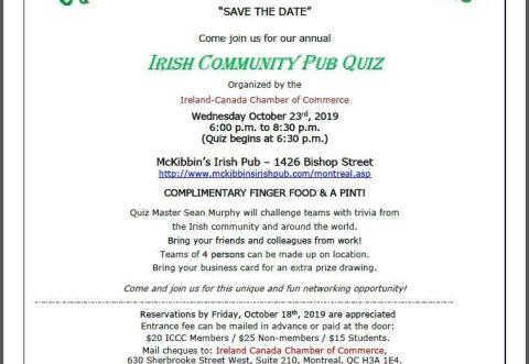 Poster: ICCC Irish Community Pub Quiz, McKibbin's Irish Pub, Wednesday, October 23