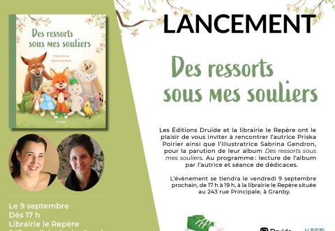 Affiche : Lancement et heure du conte - Des ressorts sous mes souliers, Librairie jeunesse le Repère, vendredi 9 septembre