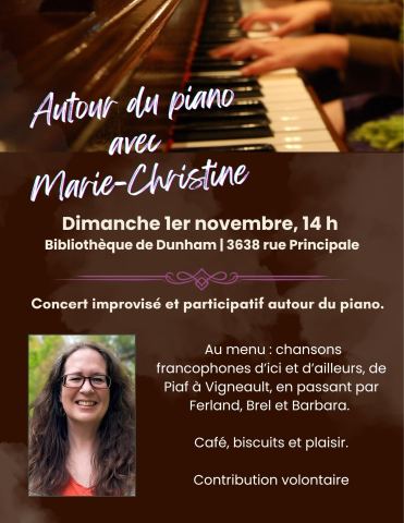 Poster: Autour du piano avec Marie-Christine Lance, Bibliothèque de Dunham, Sunday, November 1