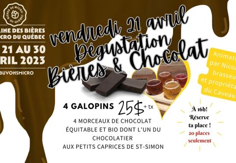 Poster: Dégustation Bières et Chocolat, Le Caveau des Trois-Pistoles, Friday, April 21