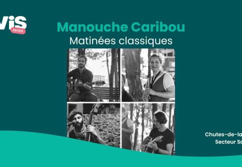 Poster: Jazz manouche des années 30-40 avec Manouche Caribou - Matinées Classiques, Parc des Chutes-de-la-Chaudière, coté Saint-Nicolas, Sunday, August 2