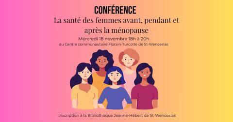 Poster: Conférence : La santé avant, pendant et après la ménopause, Bibliothèque de Saint-Wenceslas, Wednesday, November 18